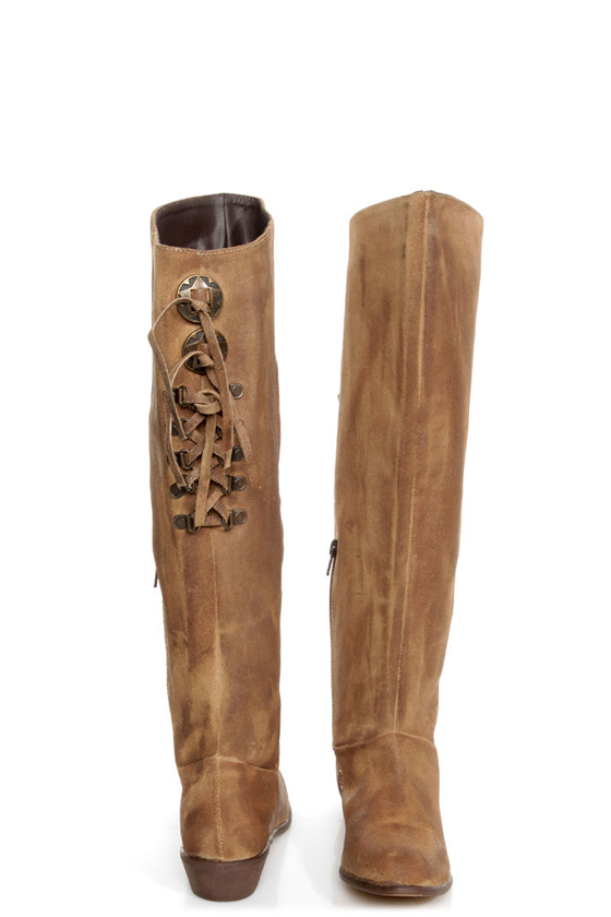 Naughty Monkey Bullet Beige Leather Laced Back Riding Boots