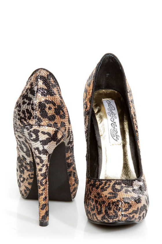 Naughty Monkey Glistening Tan Leopard Print Sequin High Heels