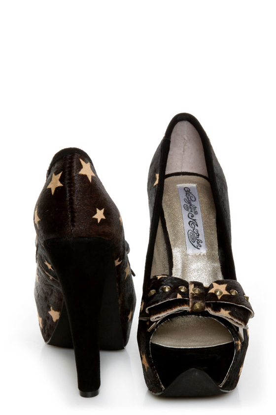 Naughty Monkey Isla Bonita Black Star Pony Fur Platform Heels