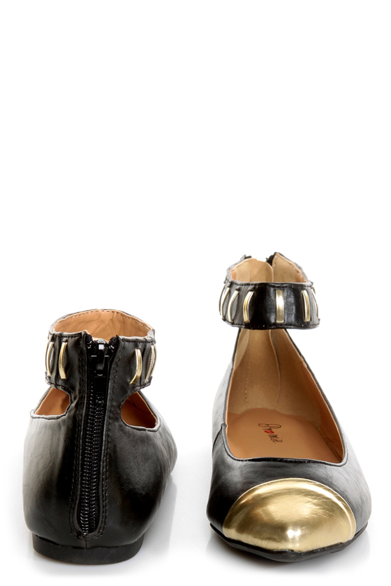 Promise Freida Black and Gold Pointed Cap-Toe Flats