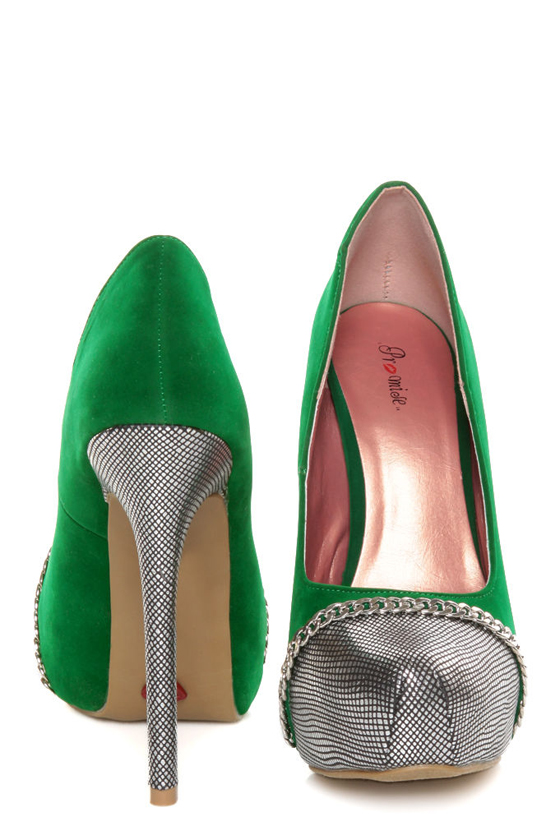 Promise Marino Green Metallic Cap-Toe Platform Pumps