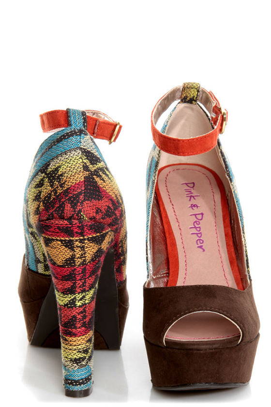 Pink & Pepper Leilla Brown Multi Southwest Print Platform Heels