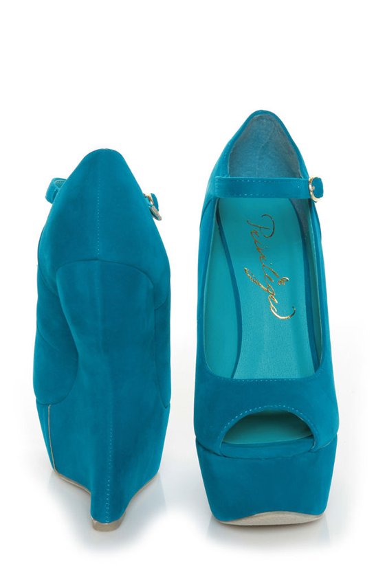 Privileged Dexter Teal Peep Toe Heelless Platforms