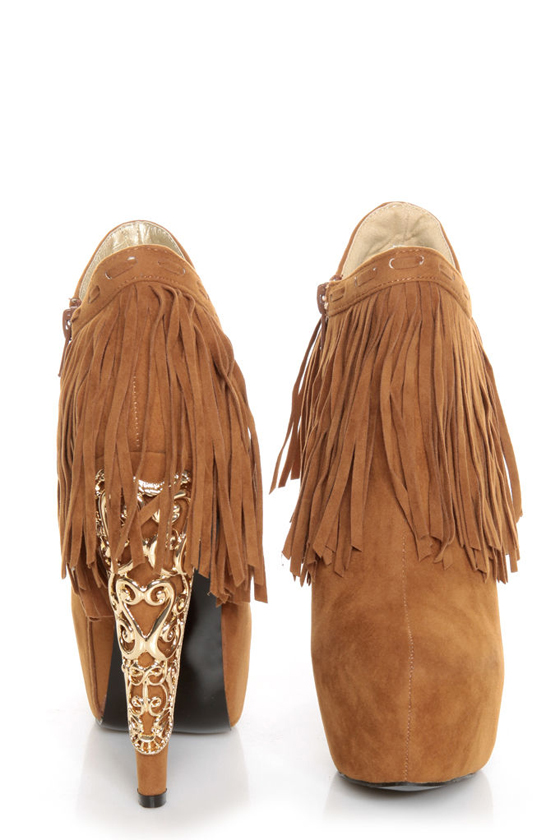 Privileged Lolla Chestnut Fringe and Filigree Platform Booties