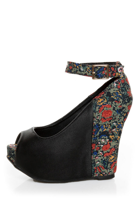 Privileged Mistique Black and Floral Peep Toe Wedges