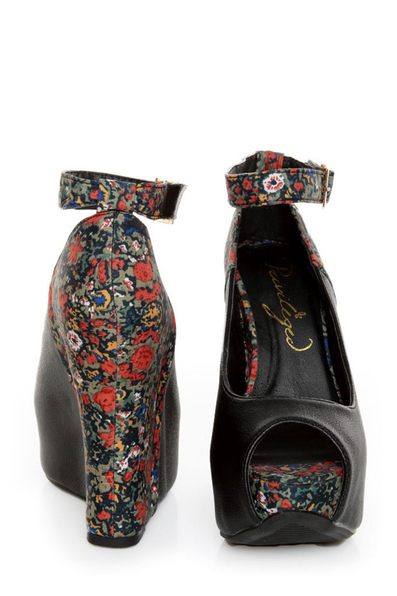 Privileged Mistique Black and Floral Peep Toe Wedges