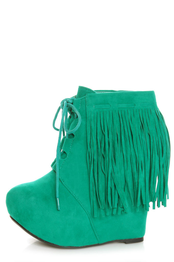 Privileged Nissa Green Lace-Up Fringe Wedge Booties