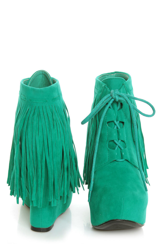Privileged Nissa Green Lace-Up Fringe Wedge Booties