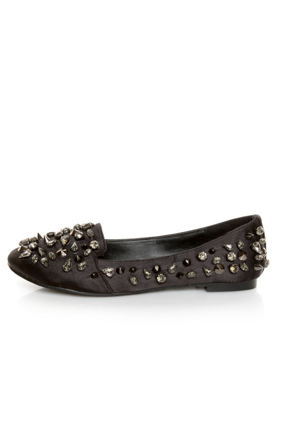 Privileged Sage Black Satin Studded Smoking Slipper Flats