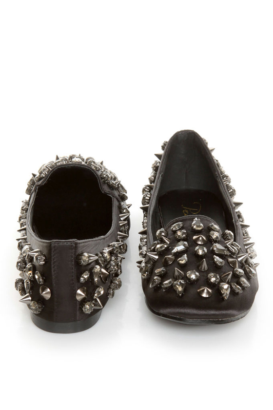 Privileged Sage Black Satin Studded Smoking Slipper Flats