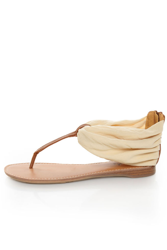 Qupid Agency 186 Beige Stretch Chiffon Ankle Cuff Thong Sandals