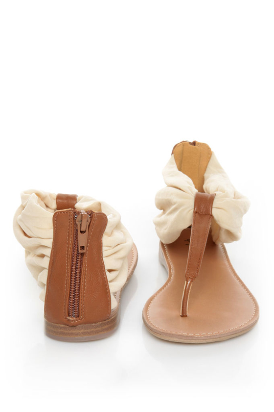 Qupid Agency 186 Beige Stretch Chiffon Ankle Cuff Thong Sandals
