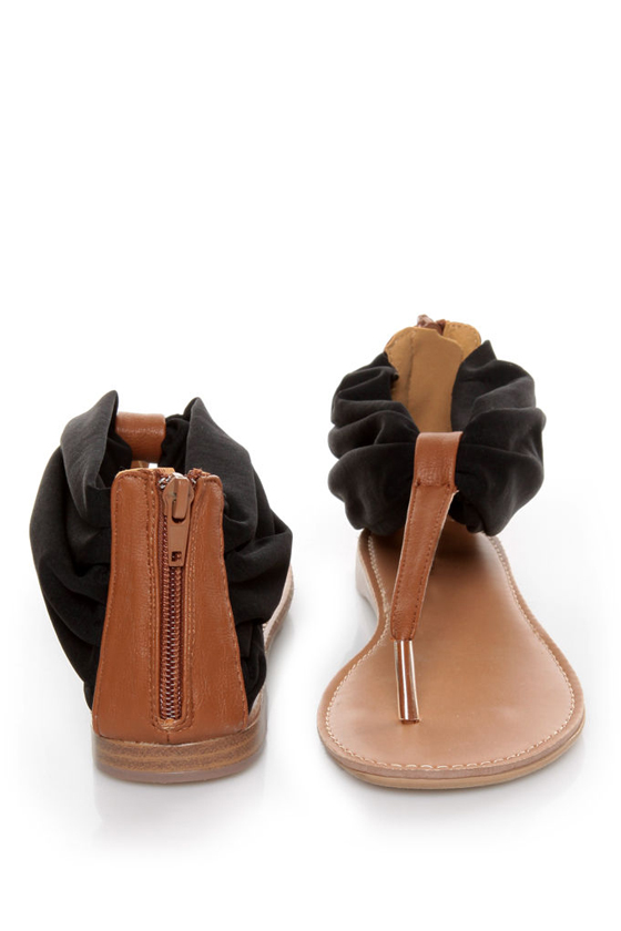Qupid Agency 186 Black Stretch Chiffon Ankle Cuff Thong Sandals