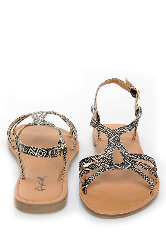 Qupid Athena 472A Black Fabric Tribal Print Strappy Flat Sandals