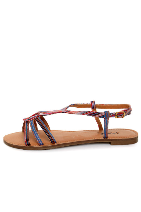 Qupid Athena 472A Coral Multi Striped Strappy Flat Sandals - $20.00