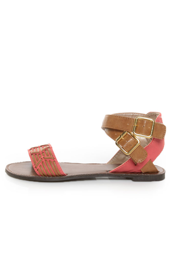 Qupid Athena 514A Tan & Coral Patterned Flat Sandals