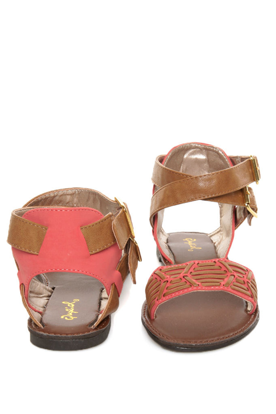 Qupid Athena 514A Tan & Coral Patterned Flat Sandals