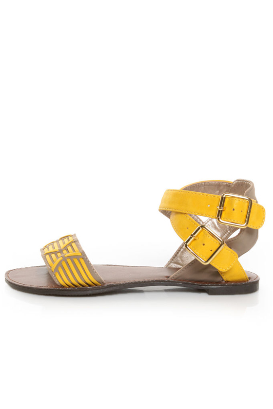 Qupid Athena 514A Yellow & Taupe Patterned Flat Sandals