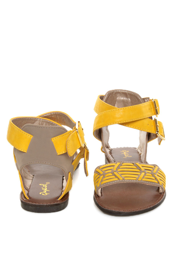 Qupid Athena 514A Yellow & Taupe Patterned Flat Sandals
