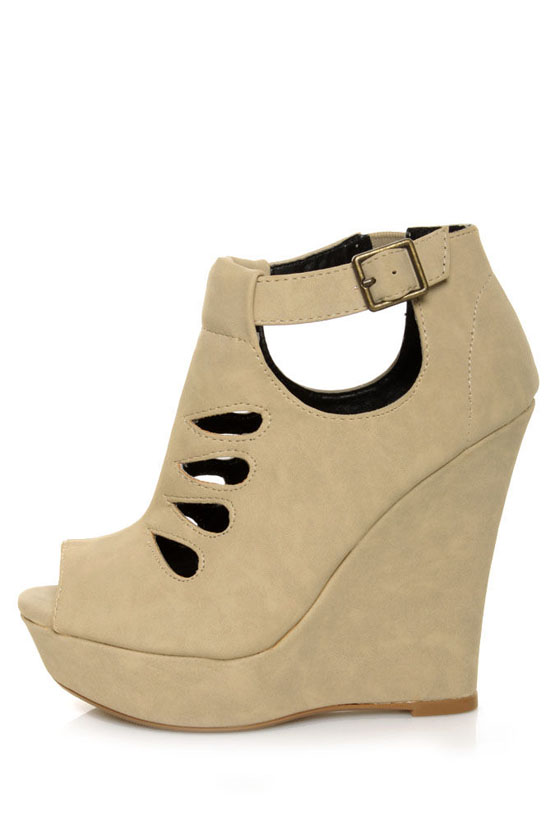 Qupid Bikini 167 Stone Nubuck Cutout Platform Wedges