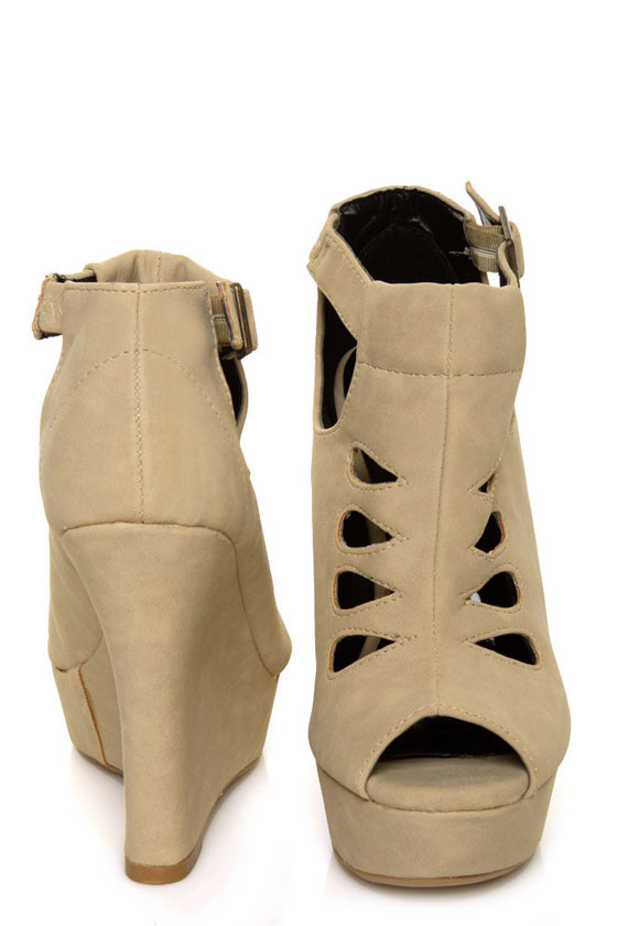 Qupid Bikini 167 Stone Nubuck Cutout Platform Wedges