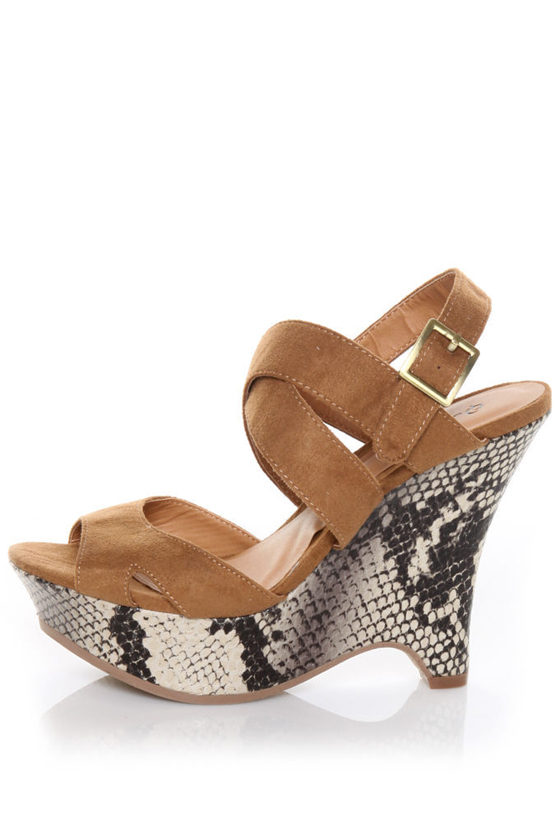 Qupid Bridget 11 Camel Suede & Snake Wedge Sandals