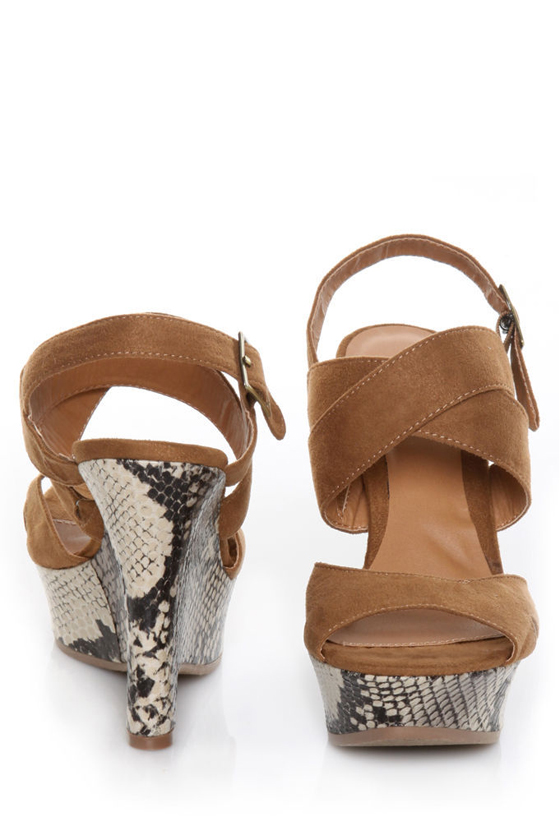 Qupid Bridget 11 Camel Suede & Snake Wedge Sandals