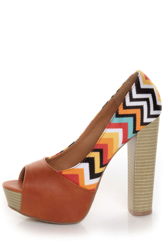 Qupid Enclose 45 Orange Print Color Block Platform Heels