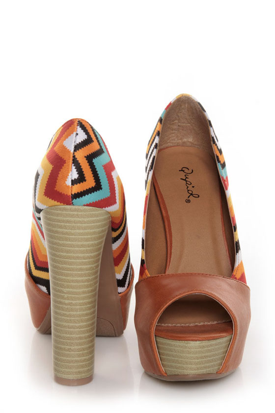 Qupid Enclose 45 Orange Print Color Block Platform Heels