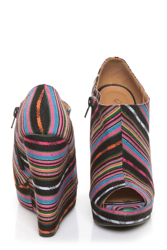 Qupid Enrich 124 Black Multi Stripe Peep Toe Wedge Booties