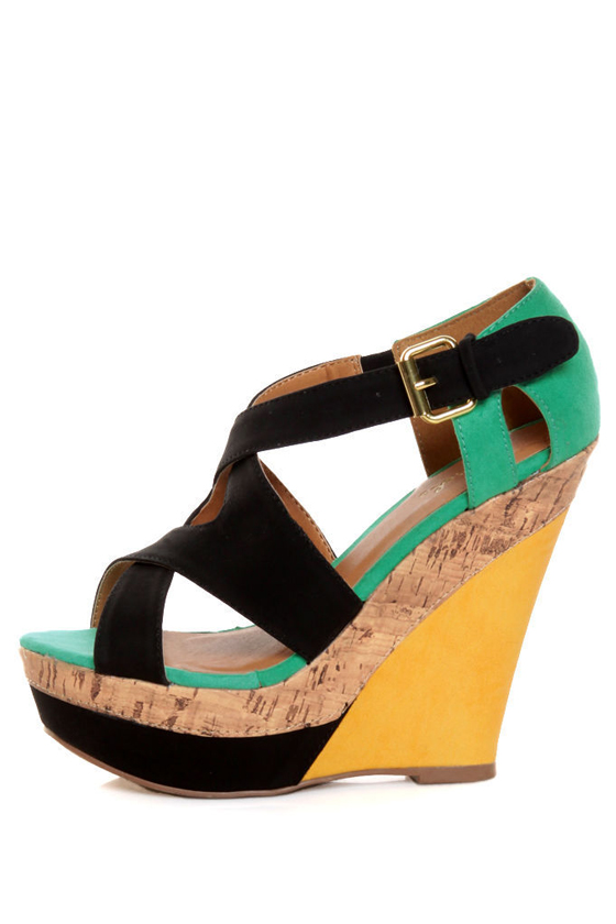 Qupid Finder 52 Black Color Block Platform Wedges