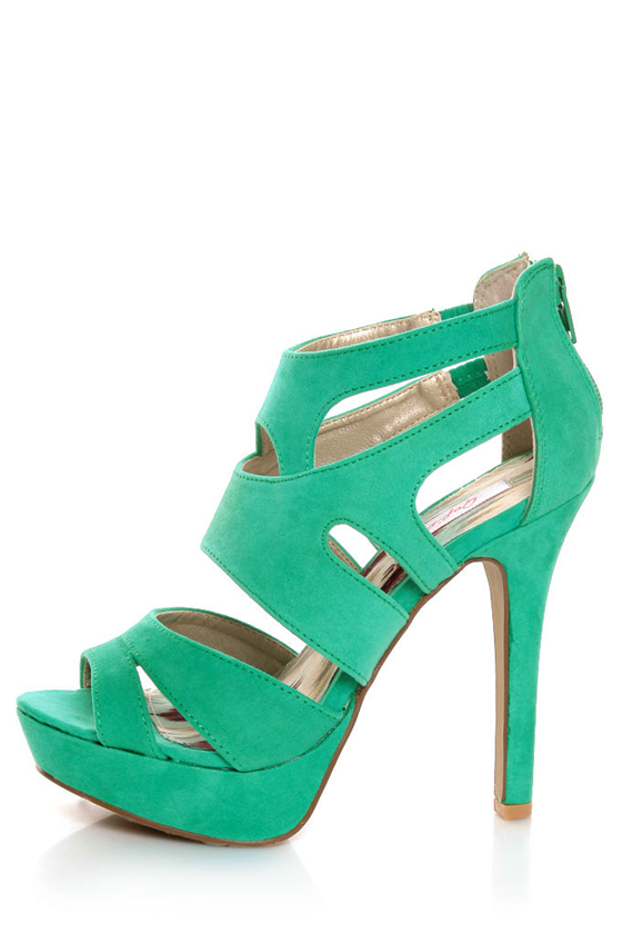 Qupid Gaze 239 Sea Green Suede Strappy Bootie Pumps