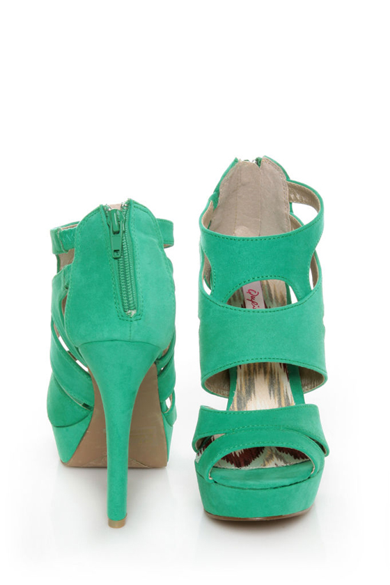 Qupid Gaze 239 Sea Green Suede Strappy Bootie Pumps