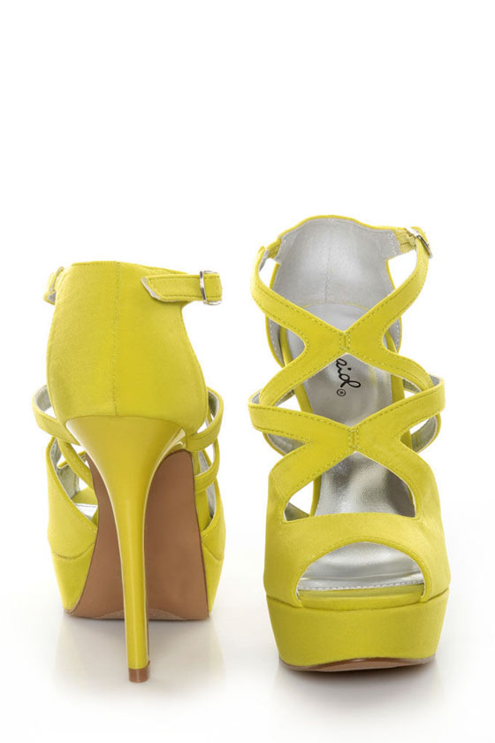 Qupid Glitter 113 Neon Yellow Lycra Strappy Platform Pumps
