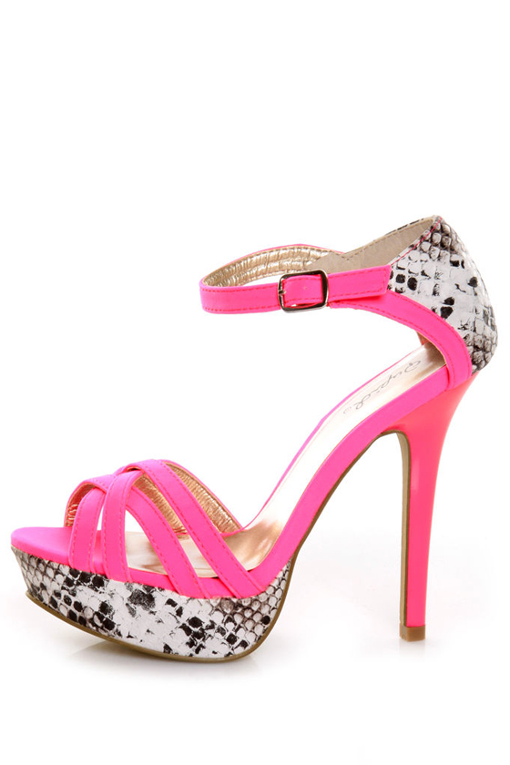 Qupid Glitter 120 Neon Pink Lycra & Python Platform Pumps