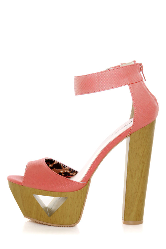 Qupid Lakie 02 Coral Textured Cutout Platform Heels