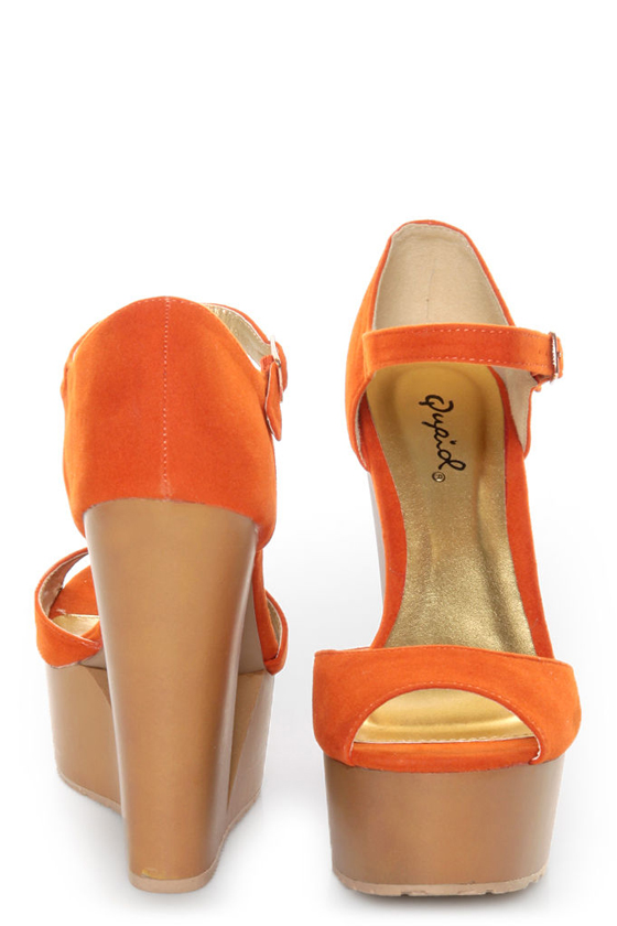 Qupid Luke 02 Orange Velvet Architectural Cutout Platform Wedges