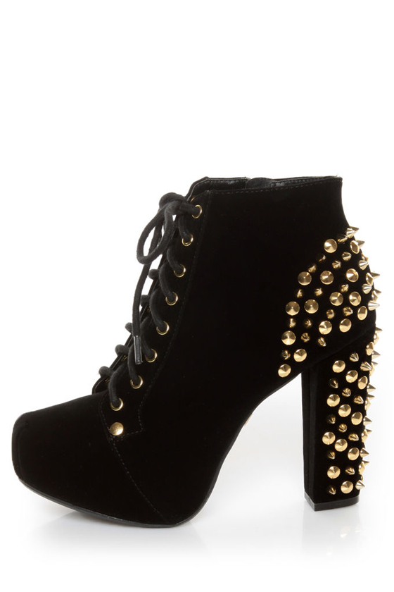 Qupid Luxe Velocity Black Velvet Studded Lace-Up Booties