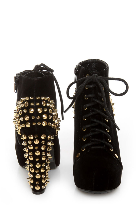 Qupid Luxe Velocity Black Velvet Studded Lace-Up Booties