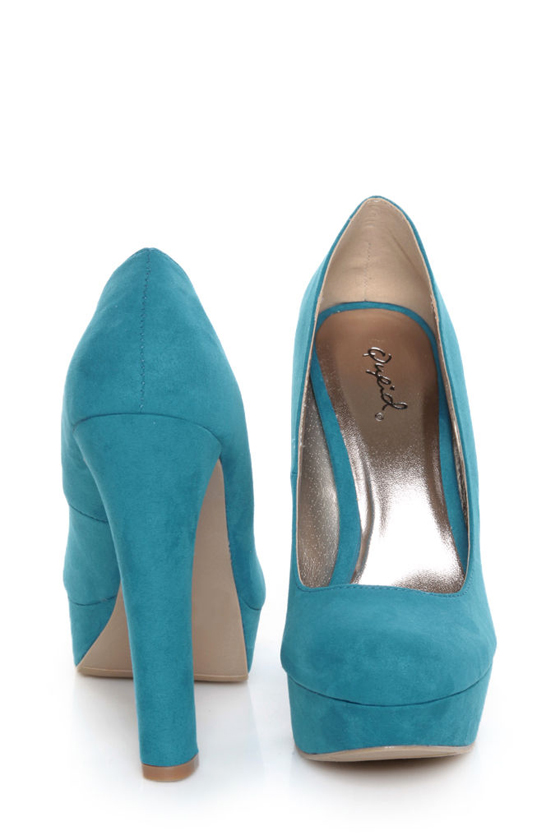 Qupid Marc 01 Turquoise Suede Platform Pumps