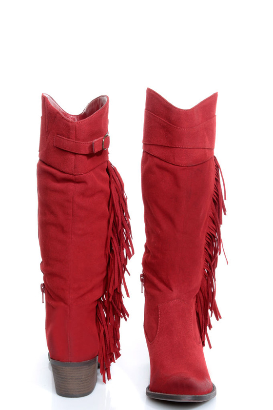 Qupid Mariska 15 Red Oil Finish Suede Fringe Cowboy Boots