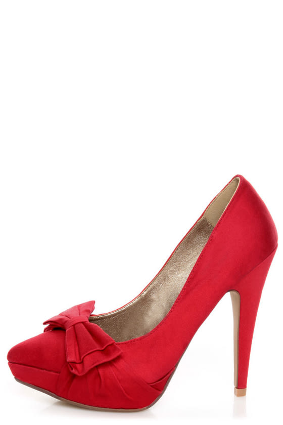 Qupid Marlene 05 Red Fabric Pointed Pumps