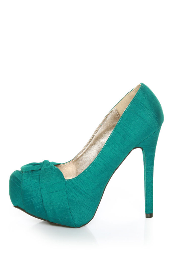 Qupid Marquise 10 Teal Thai Silk Knotty Bow Platform Pumps