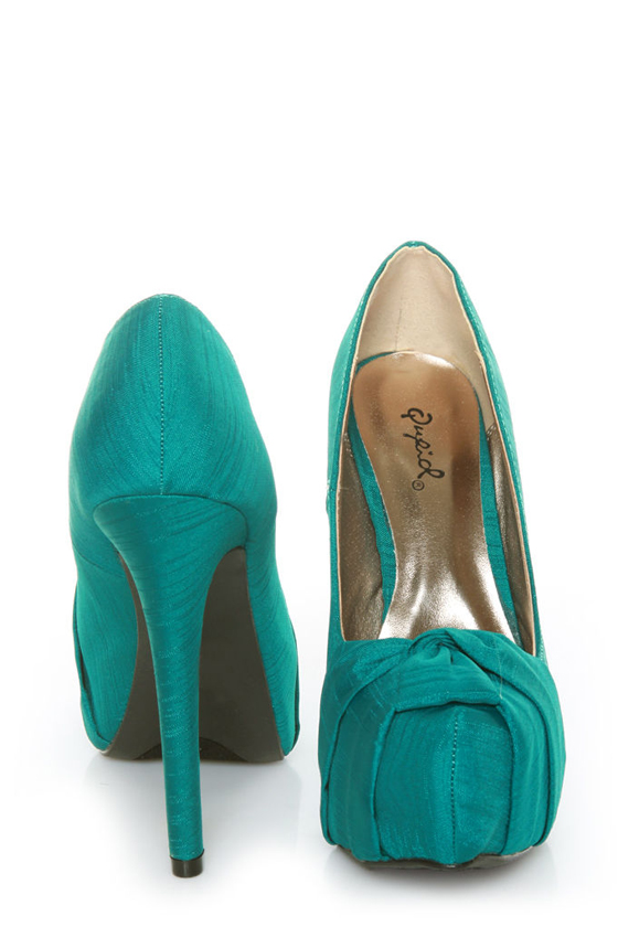 Qupid Marquise 10 Teal Thai Silk Knotty Bow Platform Pumps