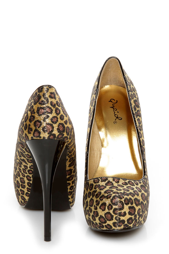Qupid Neutral 107 Gold Bronze Leopard Glitter Platform Pumps