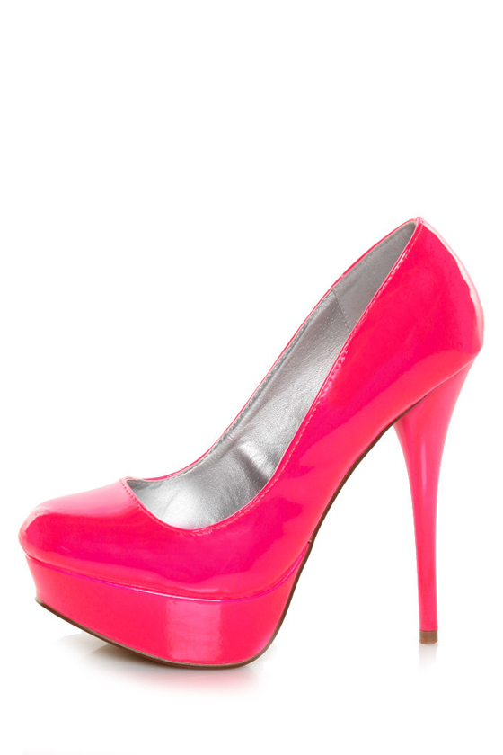 Qupid Neutral 156 Neon Pink Patent Platform Pumps