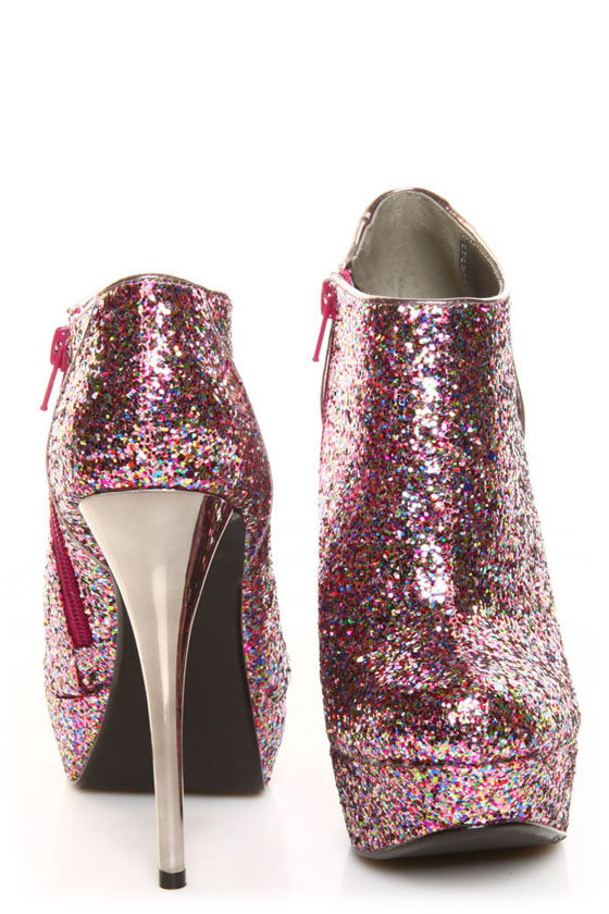 Qupid Neutral 237 Fuchsia Multi Glitter Bootie Pumps