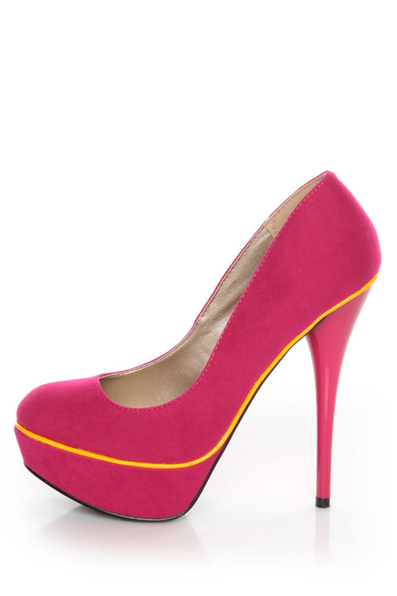 Qupid Neutral 266 Fuchsia Velvet Neon-Trimmed Platform Pumps