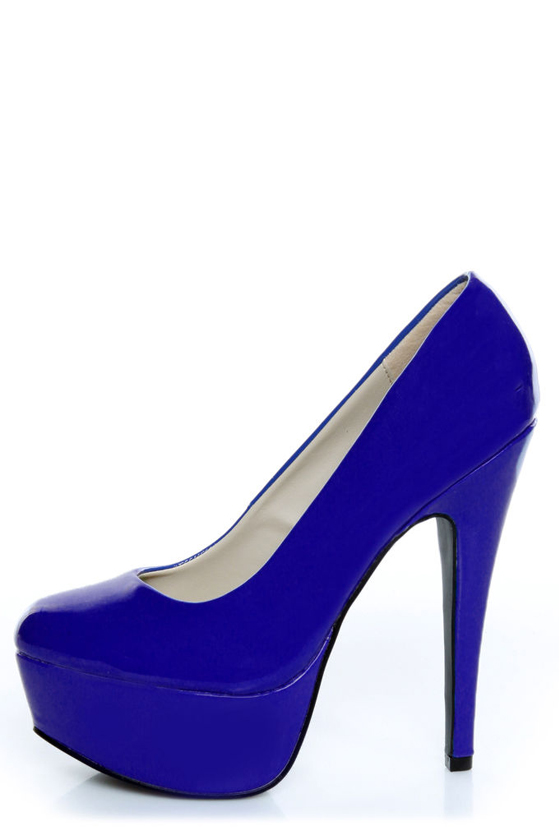 Qupid Penelope 01 Royal Blue Patent Platform Pumps