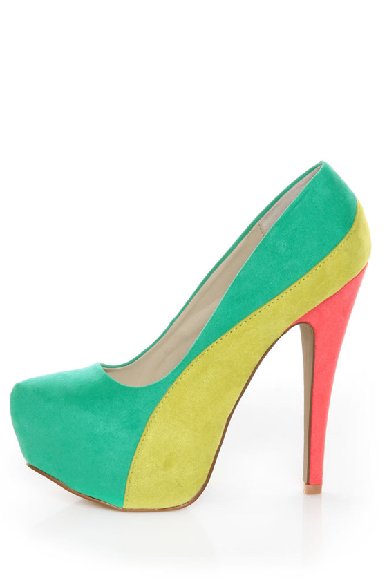 Qupid Penelope 44X Sea Green Curvy Color Block Platform Pumps